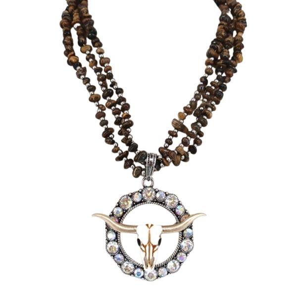 Rhinestone Longhorn Steer Skull Pendant Necklace