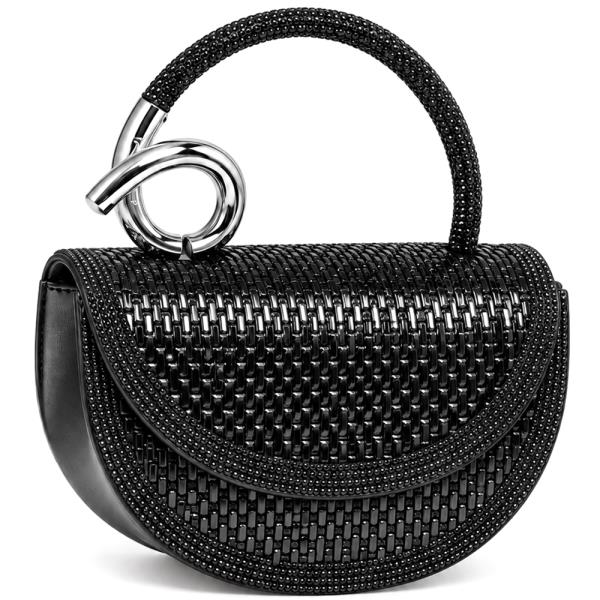 Embellished Woven Half Moon Top Handle Evening Bag